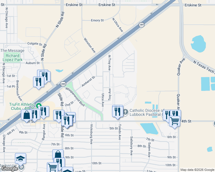 map of restaurants, bars, coffee shops, grocery stores, and more near 106 North Utica Avenue in Lubbock