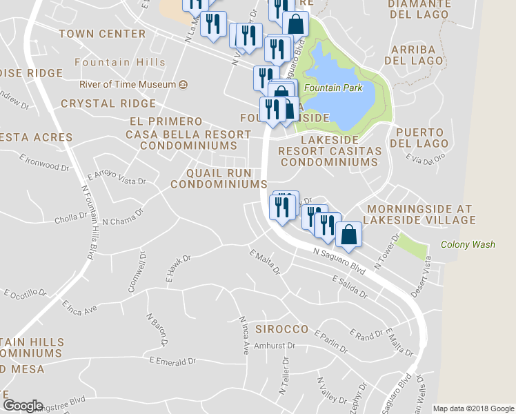 map of restaurants, bars, coffee shops, grocery stores, and more near 12052 North Saguaro Boulevard in Fountain Hills
