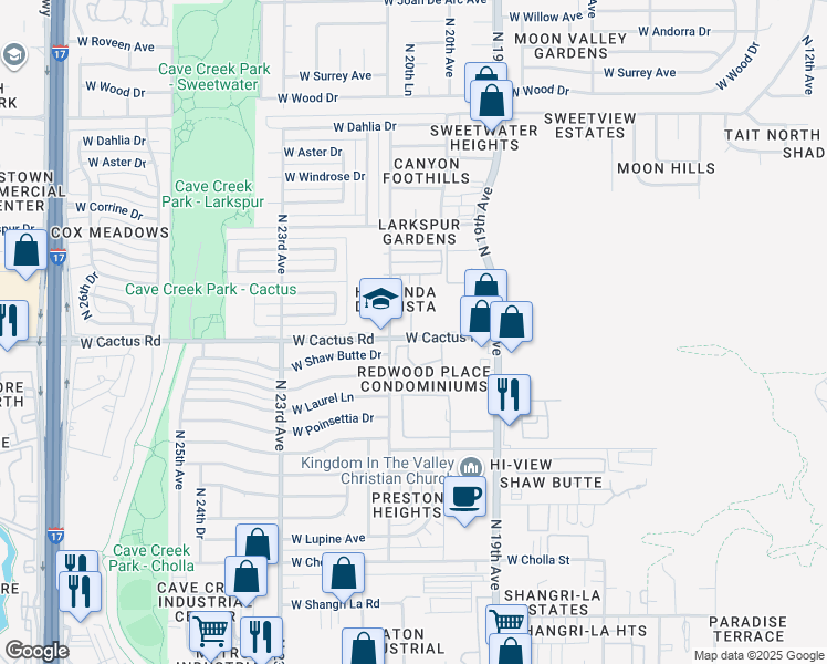 map of restaurants, bars, coffee shops, grocery stores, and more near 2040 West Cactus Road in Phoenix