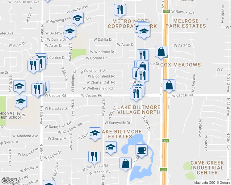 map of restaurants, bars, coffee shops, grocery stores, and more near 3019 West Wethersfield Road in Phoenix