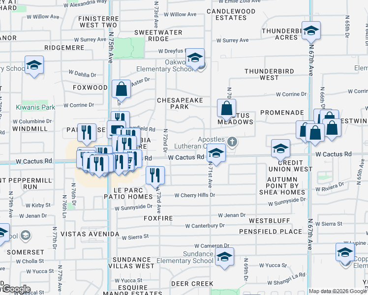 map of restaurants, bars, coffee shops, grocery stores, and more near 12312 North 71st Lane in Peoria