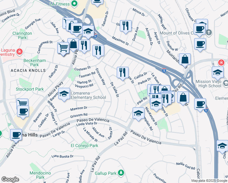 map of restaurants, bars, coffee shops, grocery stores, and more near 25451 Earhart Road in Laguna Hills