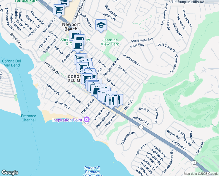 map of restaurants, bars, coffee shops, grocery stores, and more near 508 Marigold Avenue in Newport Beach