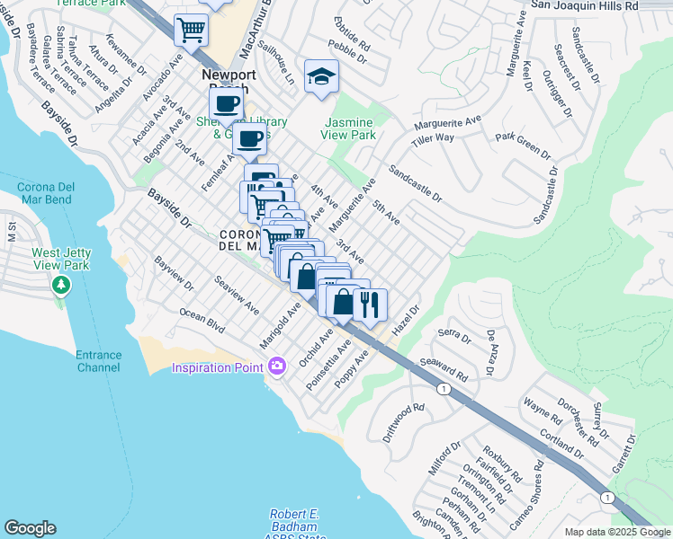 map of restaurants, bars, coffee shops, grocery stores, and more near 508 Marigold Avenue in Newport Beach