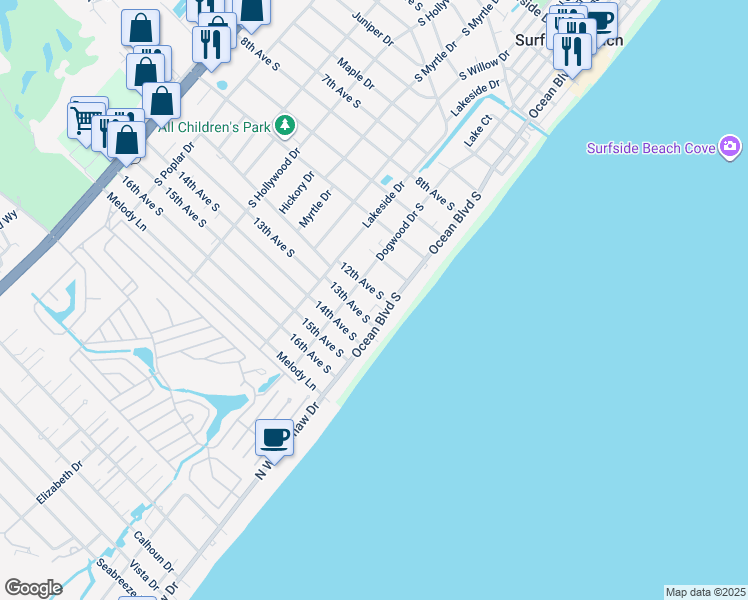 map of restaurants, bars, coffee shops, grocery stores, and more near 110 12th Avenue South in Surfside Beach