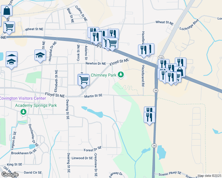 map of restaurants, bars, coffee shops, grocery stores, and more near 6124 Shamrock Drive Northeast in Covington