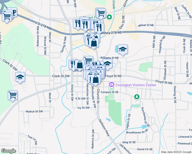 map of restaurants, bars, coffee shops, grocery stores, and more near 10717 Georgia 36 in Covington