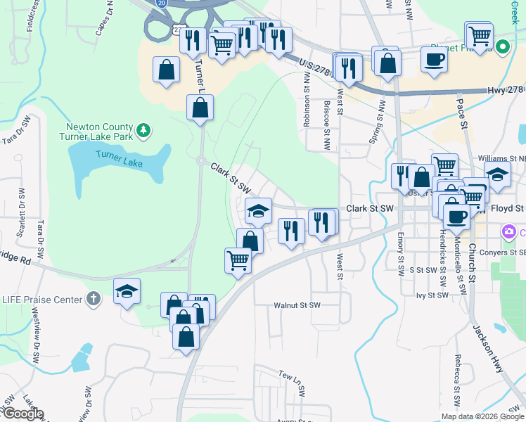map of restaurants, bars, coffee shops, grocery stores, and more near 4112 Hunt Street in Covington