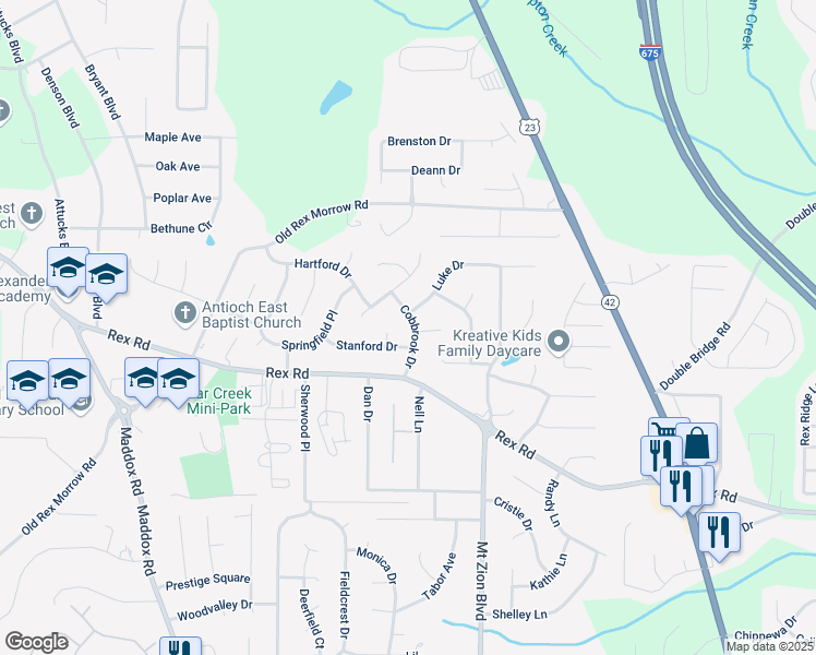 map of restaurants, bars, coffee shops, grocery stores, and more near 5791 Cobbrook Drive in Ellenwood