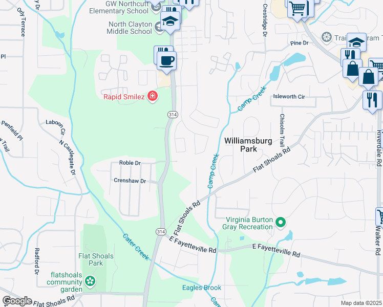 map of restaurants, bars, coffee shops, grocery stores, and more near 5884 Grande River Road in Atlanta