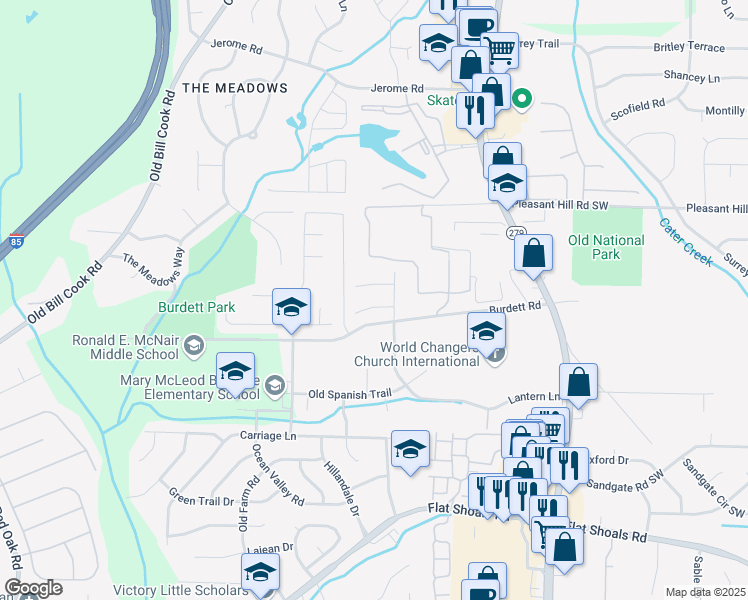 map of restaurants, bars, coffee shops, grocery stores, and more near 2570 Picardy Circle North in College Park