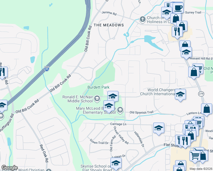 map of restaurants, bars, coffee shops, grocery stores, and more near 2365 Burdett Ridge Drive in College Park