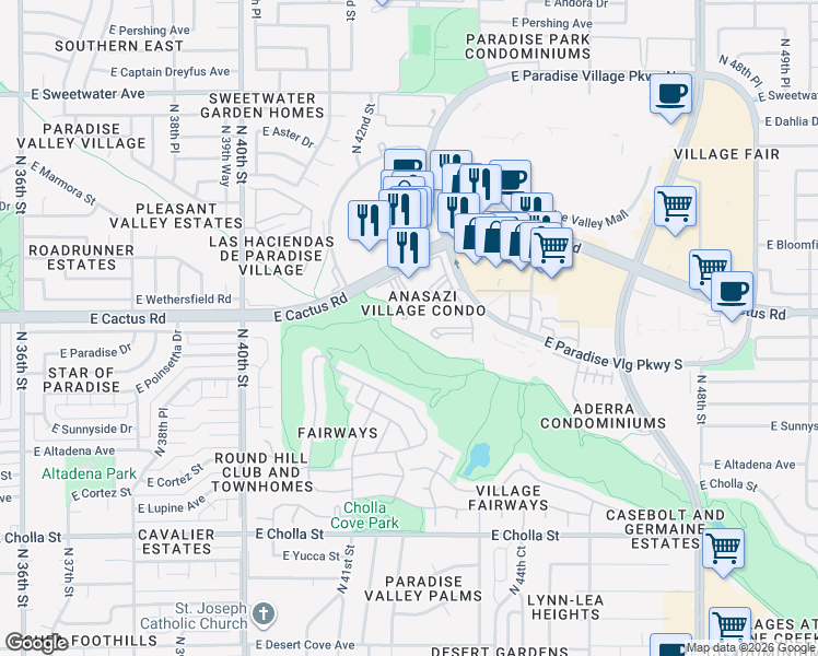 map of restaurants, bars, coffee shops, grocery stores, and more near 4303 East Cactus Road in Phoenix