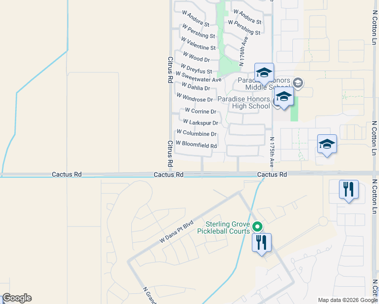 map of restaurants, bars, coffee shops, grocery stores, and more near 17835 West Bloomfield Road in Surprise