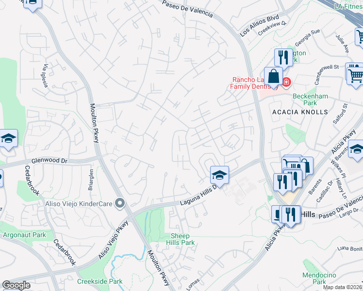 map of restaurants, bars, coffee shops, grocery stores, and more near 872 Avenida Sevilla in Laguna Woods