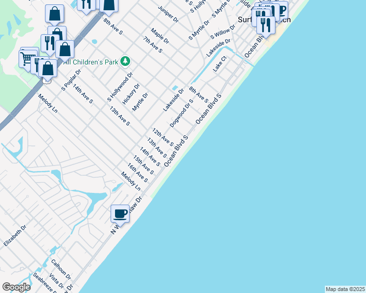 map of restaurants, bars, coffee shops, grocery stores, and more near 1111A Ocean Boulevard South in Surfside Beach