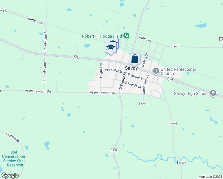 map of restaurants, bars, coffee shops, grocery stores, and more near 305 West Carter Street in Savoy