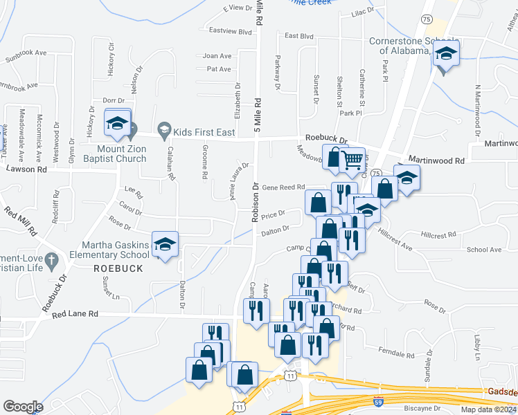 map of restaurants, bars, coffee shops, grocery stores, and more near 529 Robison Drive in Birmingham