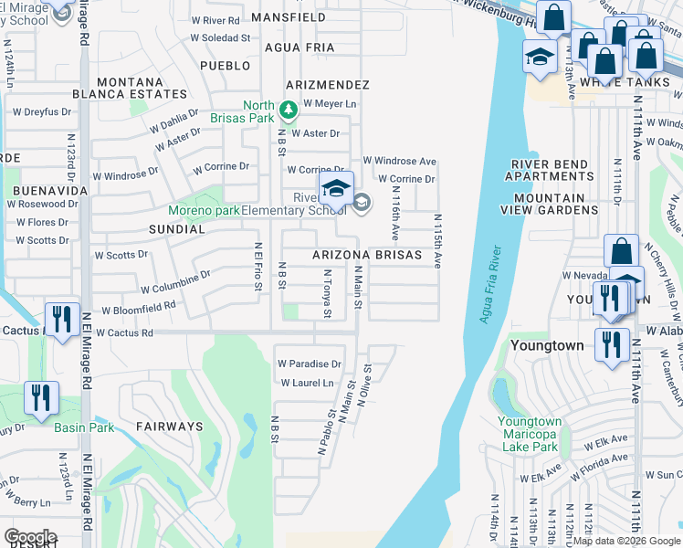 map of restaurants, bars, coffee shops, grocery stores, and more near 11770 West Columbine Drive in El Mirage