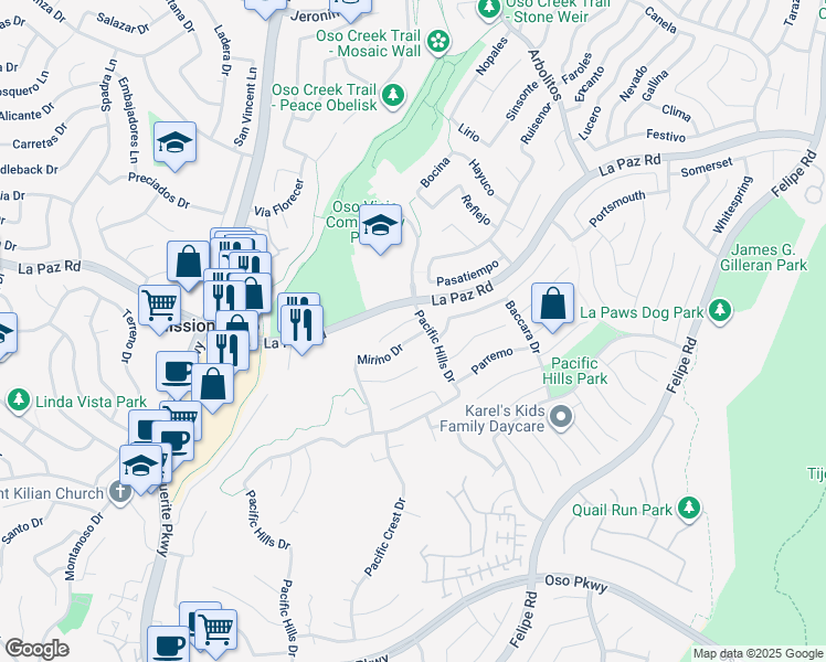 map of restaurants, bars, coffee shops, grocery stores, and more near 25 Mirino Drive in Mission Viejo