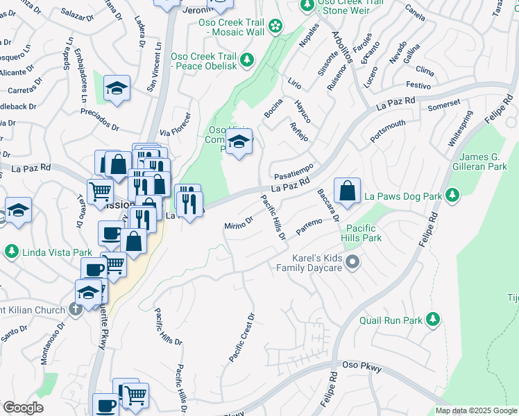 map of restaurants, bars, coffee shops, grocery stores, and more near 25 Mirino Drive in Mission Viejo