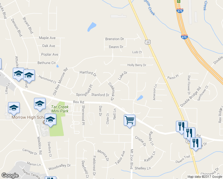 map of restaurants, bars, coffee shops, grocery stores, and more near 5791 Cobbrook Drive in Ellenwood