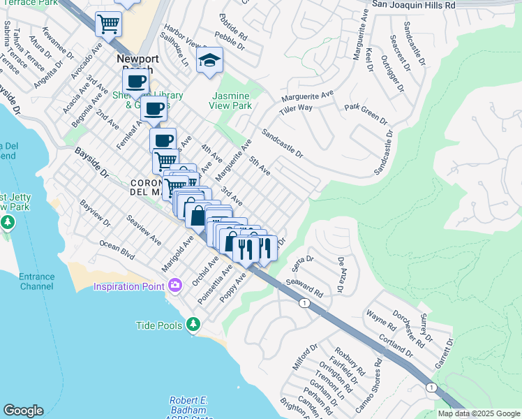 map of restaurants, bars, coffee shops, grocery stores, and more near 608 Orchid Avenue in Newport Beach