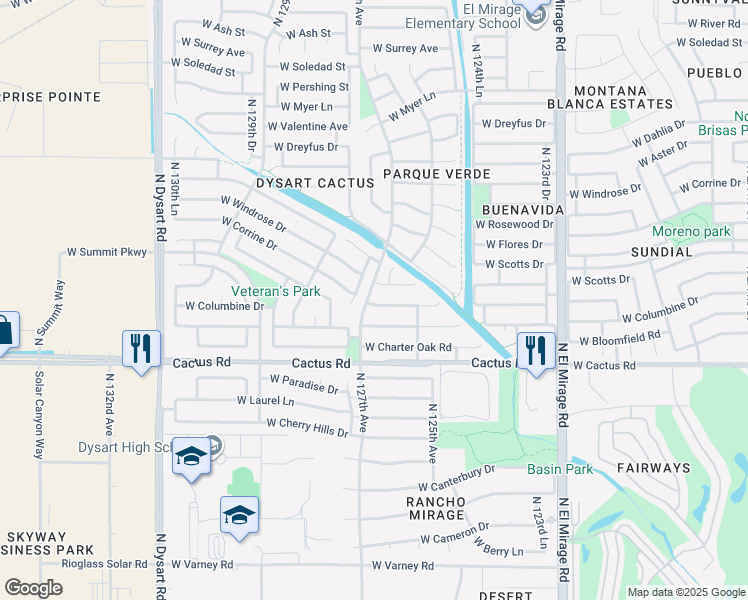 map of restaurants, bars, coffee shops, grocery stores, and more near 12609 West Larkspur Road in El Mirage