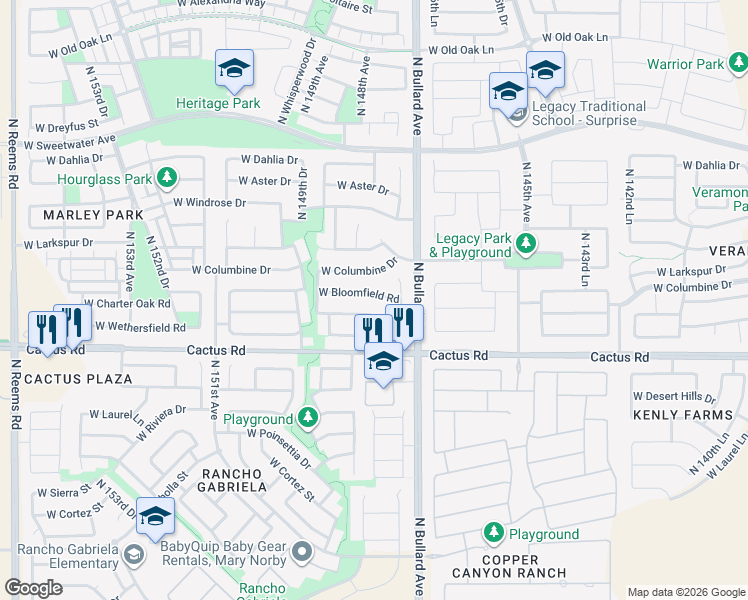 map of restaurants, bars, coffee shops, grocery stores, and more near 14798 West Bloomfield Road in Surprise