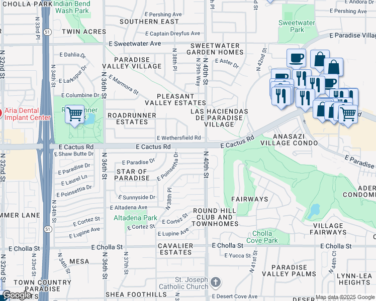 map of restaurants, bars, coffee shops, grocery stores, and more near 3920 East Shaw Butte Drive in Phoenix