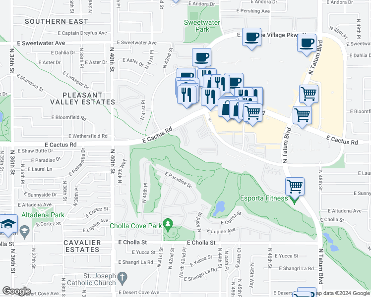 map of restaurants, bars, coffee shops, grocery stores, and more near 4303 East Cactus Road in Phoenix