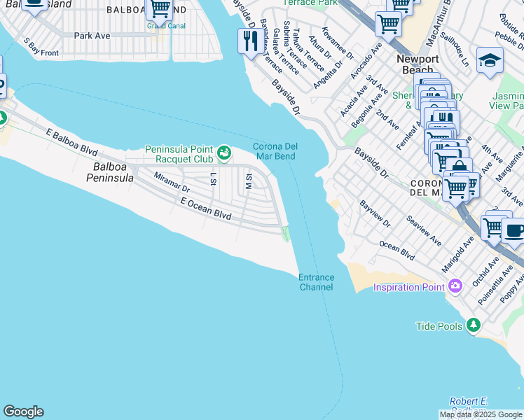map of restaurants, bars, coffee shops, grocery stores, and more near 2121 Seville Avenue in Newport Beach