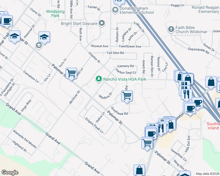 map of restaurants, bars, coffee shops, grocery stores, and more near 22981 Nan Street in Wildomar