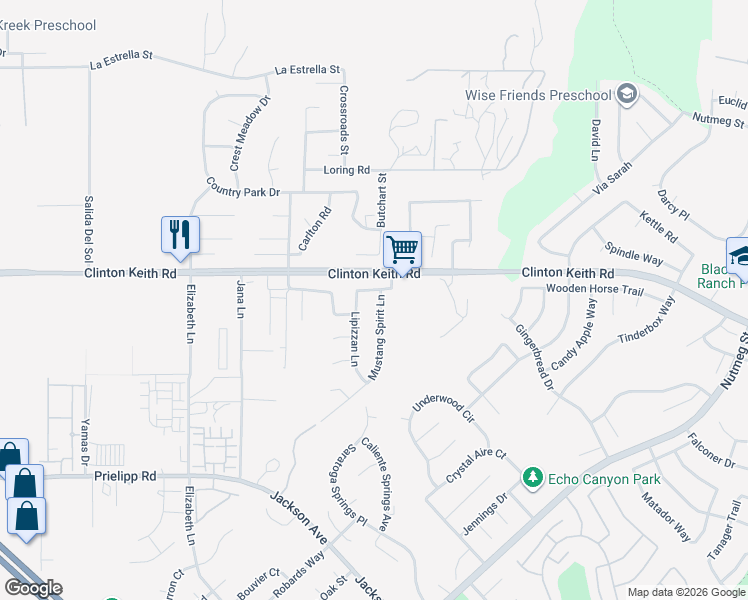 map of restaurants, bars, coffee shops, grocery stores, and more near 36029 Mustang Spirit Lane in Wildomar