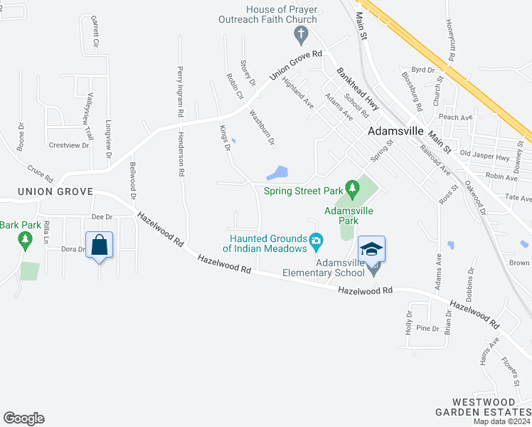 map of restaurants, bars, coffee shops, grocery stores, and more near 5101 Kings Drive in Adamsville