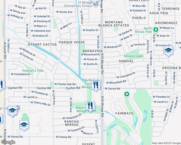 map of restaurants, bars, coffee shops, grocery stores, and more near 12317 West Larkspur Road in El Mirage