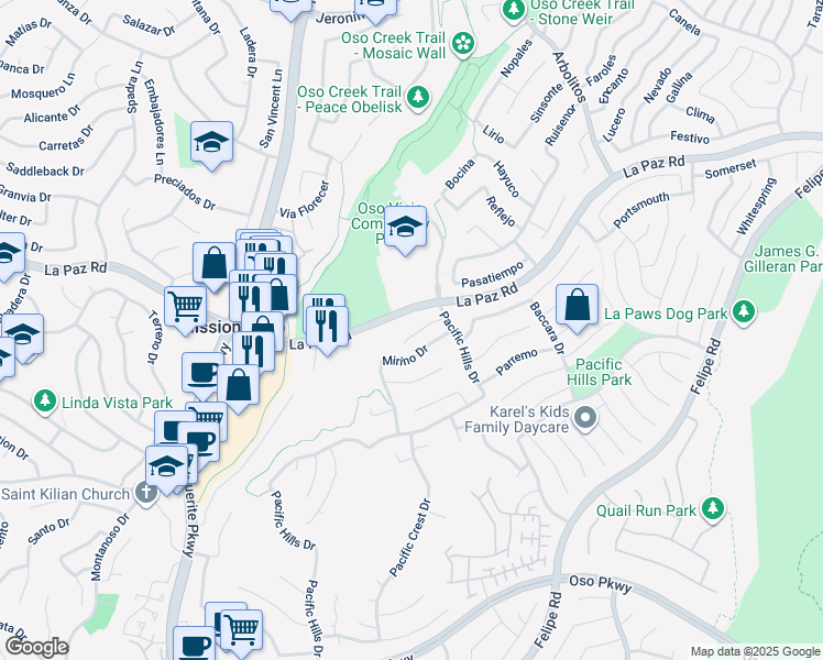 map of restaurants, bars, coffee shops, grocery stores, and more near 11 Paloma Drive in Mission Viejo