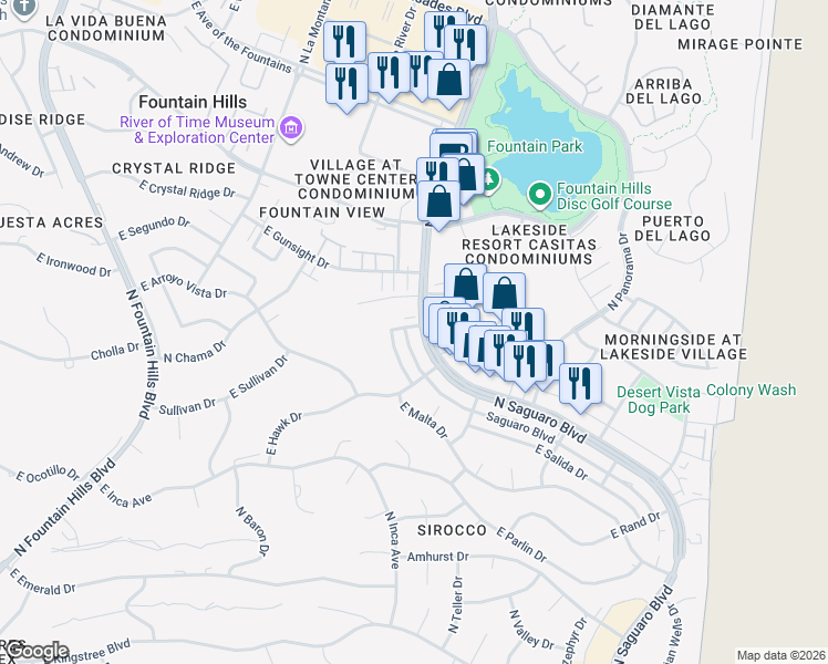 map of restaurants, bars, coffee shops, grocery stores, and more near 12052 North Saguaro Boulevard in Fountain Hills
