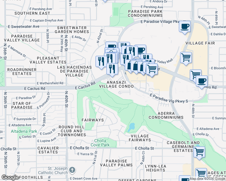 map of restaurants, bars, coffee shops, grocery stores, and more near 12212 North Paradise Village Parkway West in Phoenix