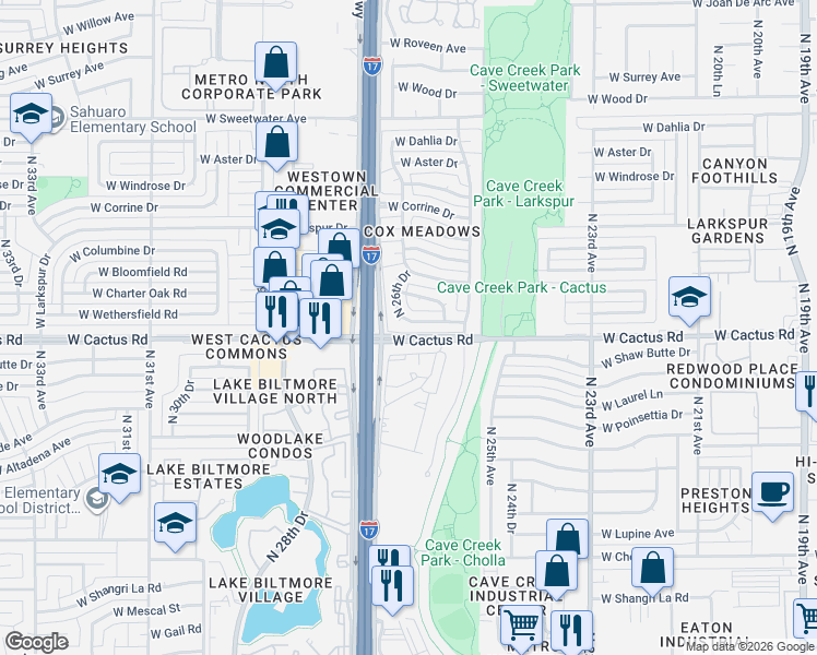 map of restaurants, bars, coffee shops, grocery stores, and more near 2602 West Wethersfield Road in Phoenix