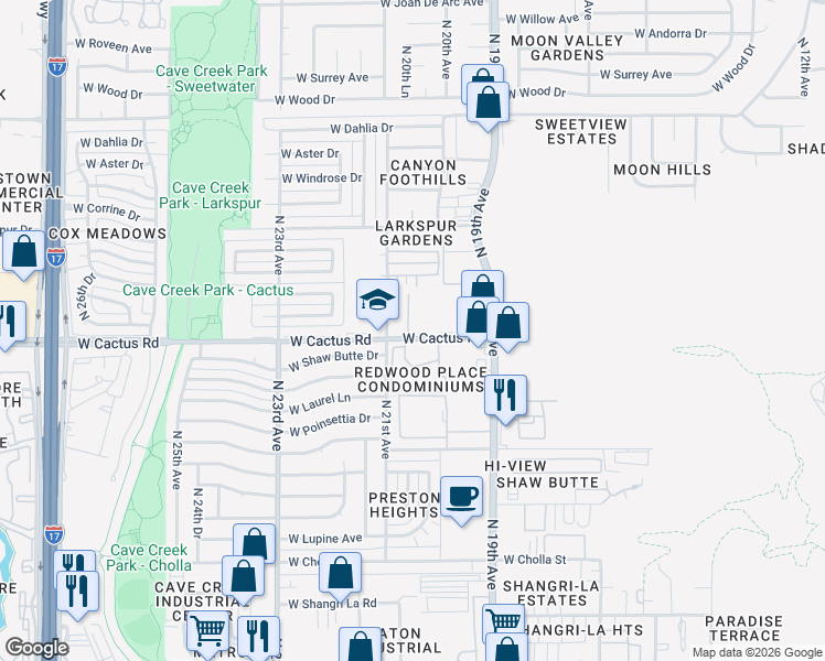 map of restaurants, bars, coffee shops, grocery stores, and more near 2040 West Cactus Road in Phoenix