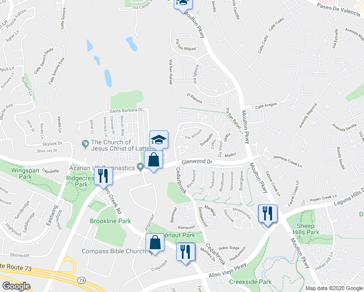 map of restaurants, bars, coffee shops, grocery stores, and more near 65 Via Abruzzi in Aliso Viejo
