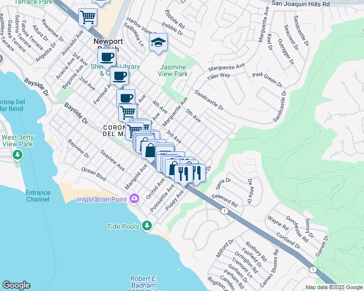 map of restaurants, bars, coffee shops, grocery stores, and more near 2 Narcissus Avenue in Newport Beach
