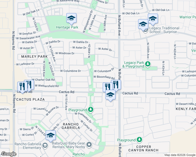 map of restaurants, bars, coffee shops, grocery stores, and more near 14865 West Bloomfield Road in Surprise