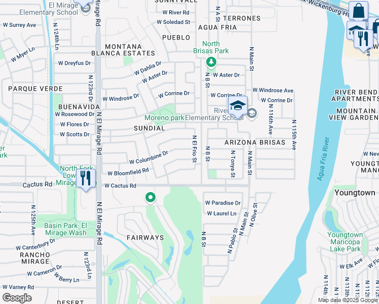 map of restaurants, bars, coffee shops, grocery stores, and more near 11919 West Columbine Drive in El Mirage