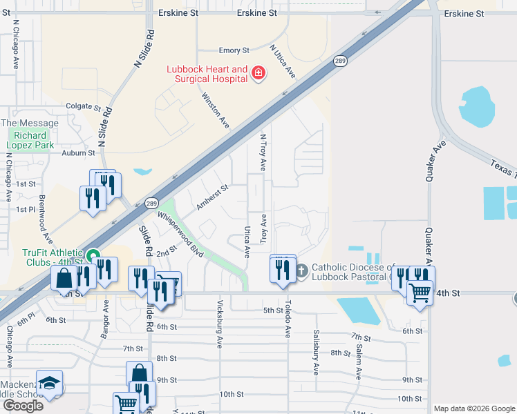 map of restaurants, bars, coffee shops, grocery stores, and more near 106 North Utica Avenue in Lubbock