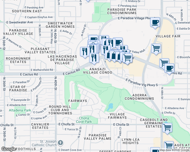 map of restaurants, bars, coffee shops, grocery stores, and more near 12212 North Paradise Village Parkway West in Phoenix