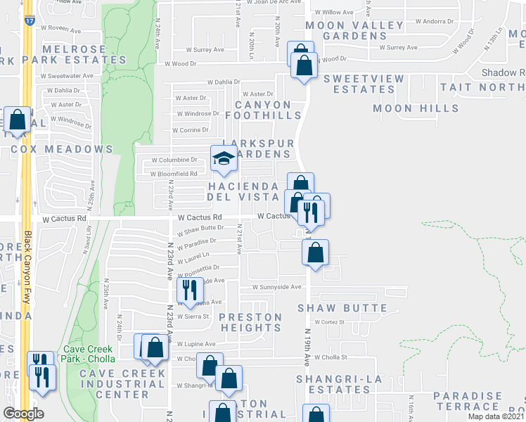 map of restaurants, bars, coffee shops, grocery stores, and more near 2036 West Cactus Road in Phoenix