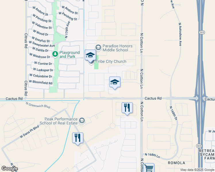 map of restaurants, bars, coffee shops, grocery stores, and more near 12373 North 173rd Lane in Surprise