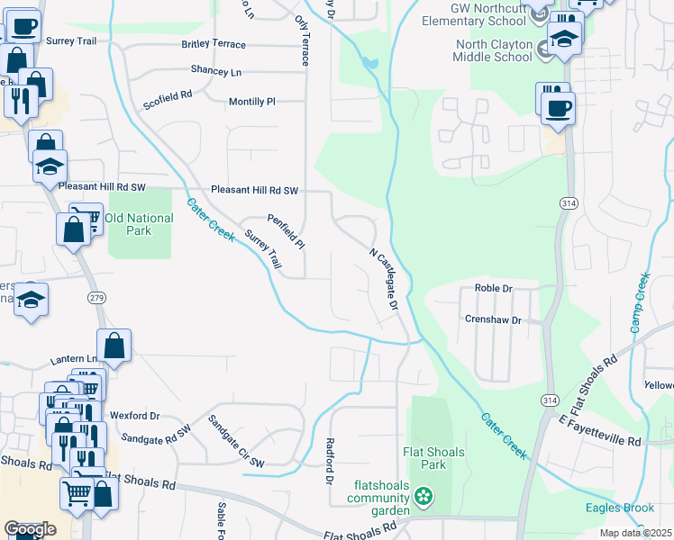 map of restaurants, bars, coffee shops, grocery stores, and more near 5802 Summerglen Lane in Atlanta